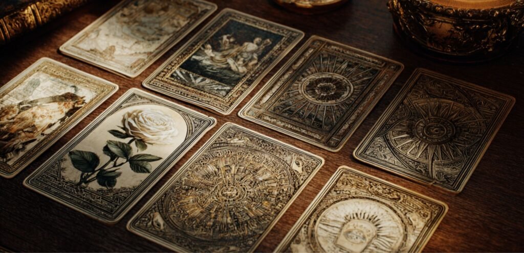 Tarotkort i stillsam miljö som symboliserar vägledning, intuition och frågor om framtiden