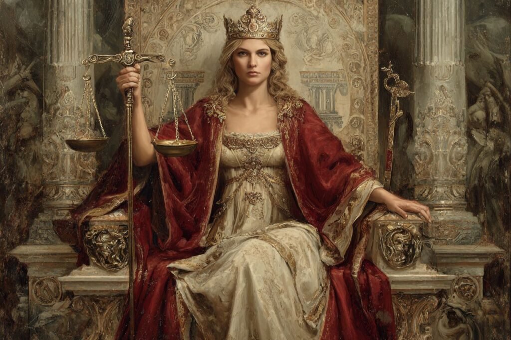 The Justice tarot card from the Rider-Waite deck — a crowned figure seated between two pillars, holding an upright sword in the right hand and balanced scales in the left