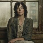 A lonely woman sitting by a window in soft muted light, looking emotionally distant and numb