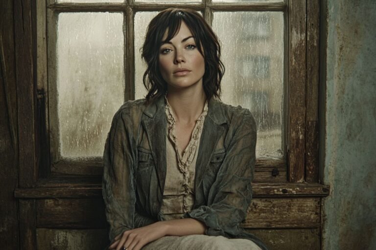 A lonely woman sitting by a window in soft muted light, looking emotionally distant and numb