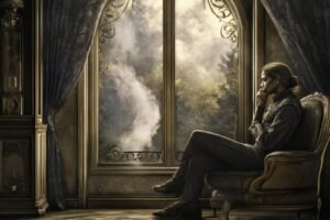 person sitting quietly with swirling thoughts soft light introspective calm atmosphere