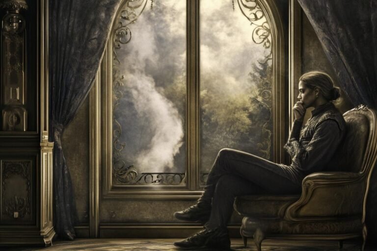 person sitting quietly with swirling thoughts soft light introspective calm atmosphere