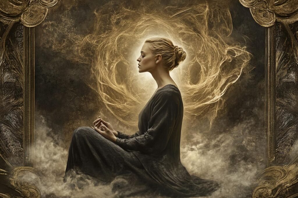 person sitting calmly in soft light listening inward peaceful introspective atmosphere