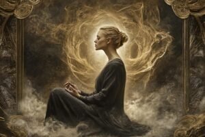 person sitting calmly in soft light listening inward peaceful introspective atmosphere