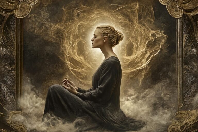 person sitting calmly in soft light listening inward peaceful introspective atmosphere