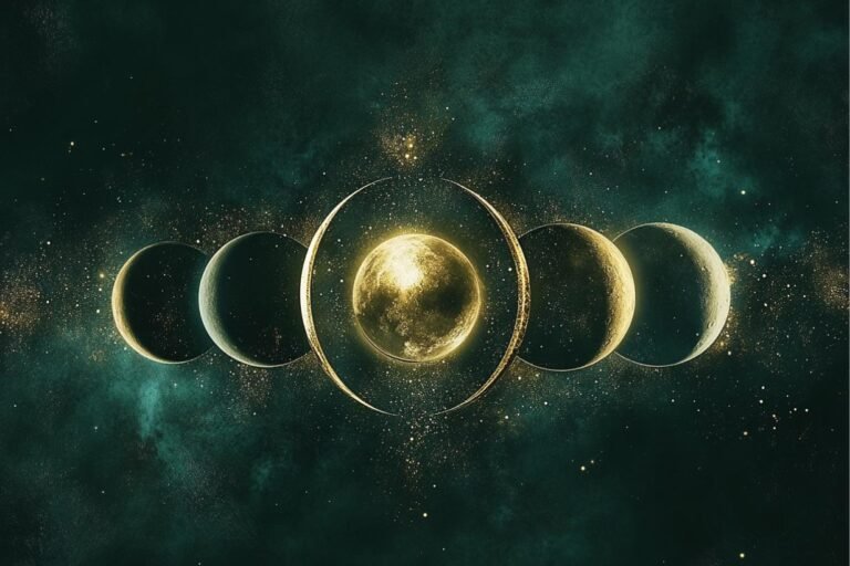 all moon phases in night sky sequence mystical soft glowing lunar cycle