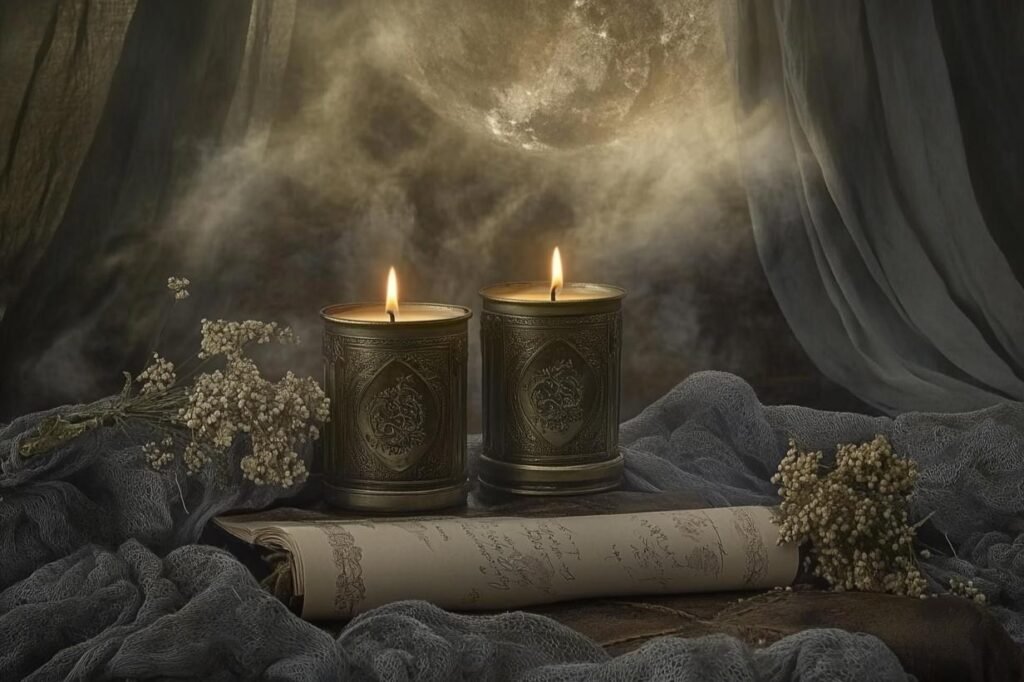 new moon ritual candles journal calm soft mystical atmosphere intention setting