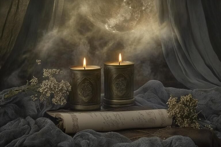 new moon ritual candles journal calm soft mystical atmosphere intention setting