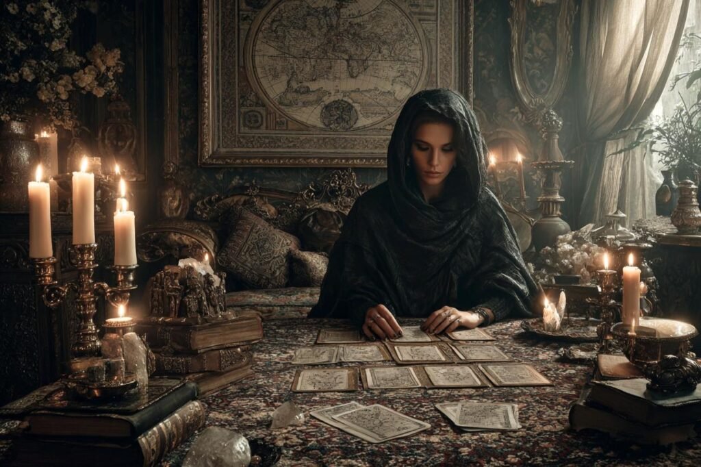 tarot cards on table with candles and mystical soft light beginner tarot reading atmosphere