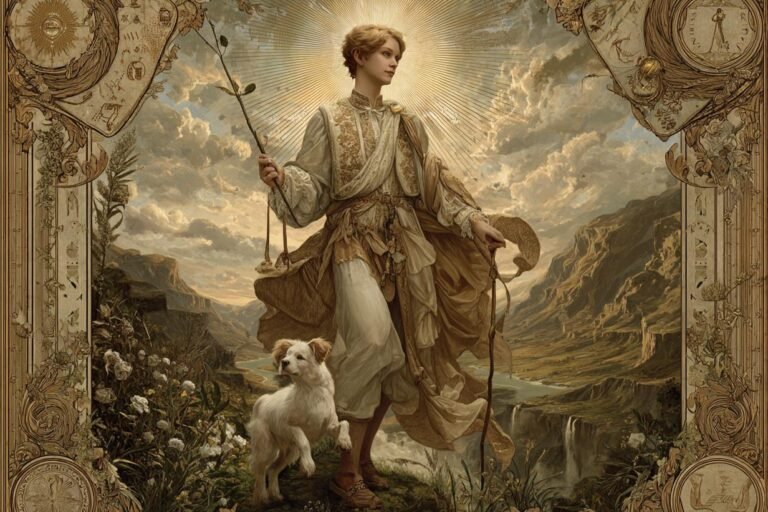 the Fool tarot card with golden aura and mystical atmosphere