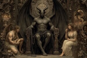 The Devil tarot card from the Rider-Waite deck showing two figures chained to a pedestal beneath a horned figure, symbolizing attachment and unconscious bondage
