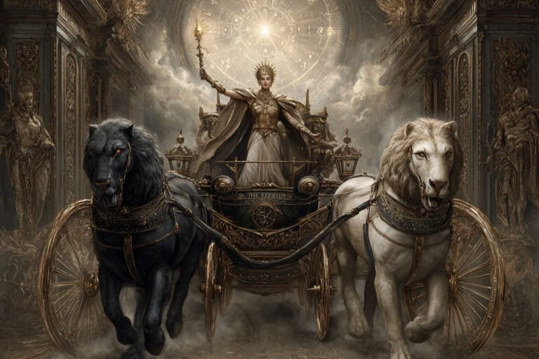 The Chariot tarot card from the Rider-Waite deck — an armored warrior standing in a canopied chariot pulled by two sphinxes, one black and one white, with a city in the background