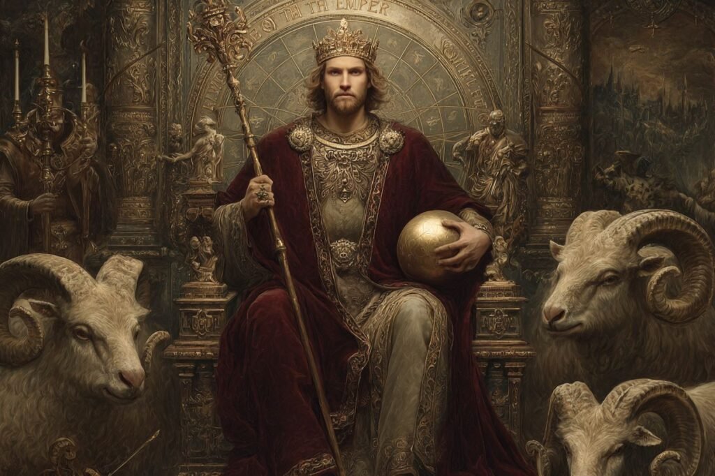 The Emperor tarot card from the Rider-Waite deck — a crowned ruler on a stone throne with ram heads, holding a scepter and orb, mountains in the background