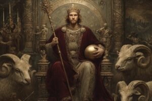 The Emperor tarot card from the Rider-Waite deck — a crowned ruler on a stone throne with ram heads, holding a scepter and orb, mountains in the background