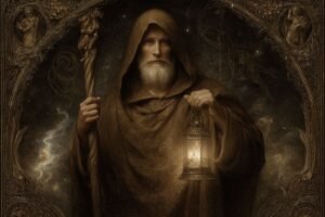 The Hermit tarot card from the Rider-Waite deck — an old man in grey robes standing on a snowy mountain peak, holding a lantern with a six-pointed star and a long staff