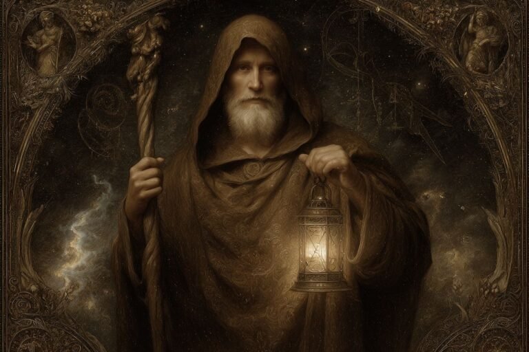 The Hermit tarot card from the Rider-Waite deck — an old man in grey robes standing on a snowy mountain peak, holding a lantern with a six-pointed star and a long staff