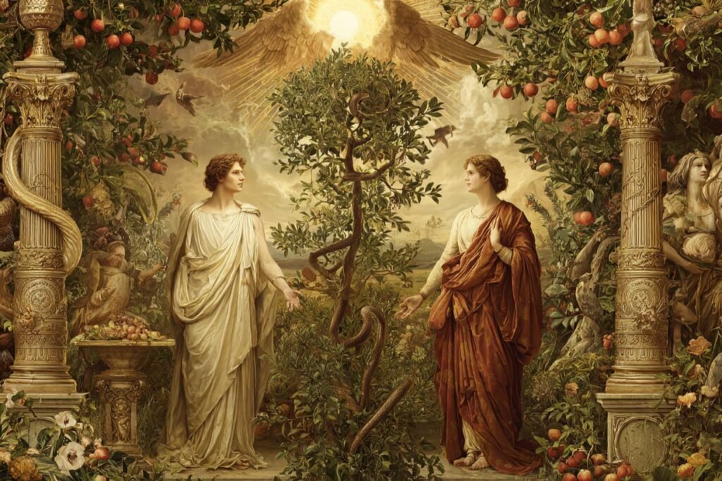 The Lovers tarot card from the Rider-Waite deck — a man and woman standing naked beneath an angel, with trees of knowledge and life behind them and a mountain in the background