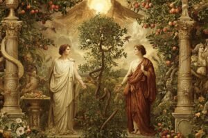 The Lovers tarot card from the Rider-Waite deck — a man and woman standing naked beneath an angel, with trees of knowledge and life behind them and a mountain in the background