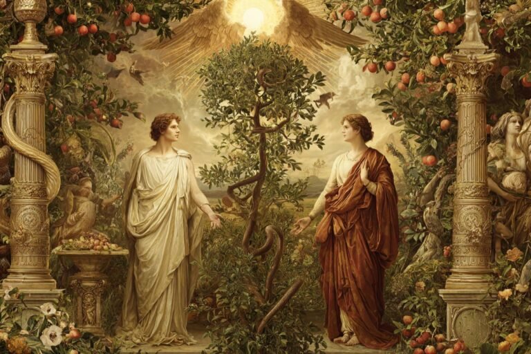 The Lovers tarot card from the Rider-Waite deck — a man and woman standing naked beneath an angel, with trees of knowledge and life behind them and a mountain in the background