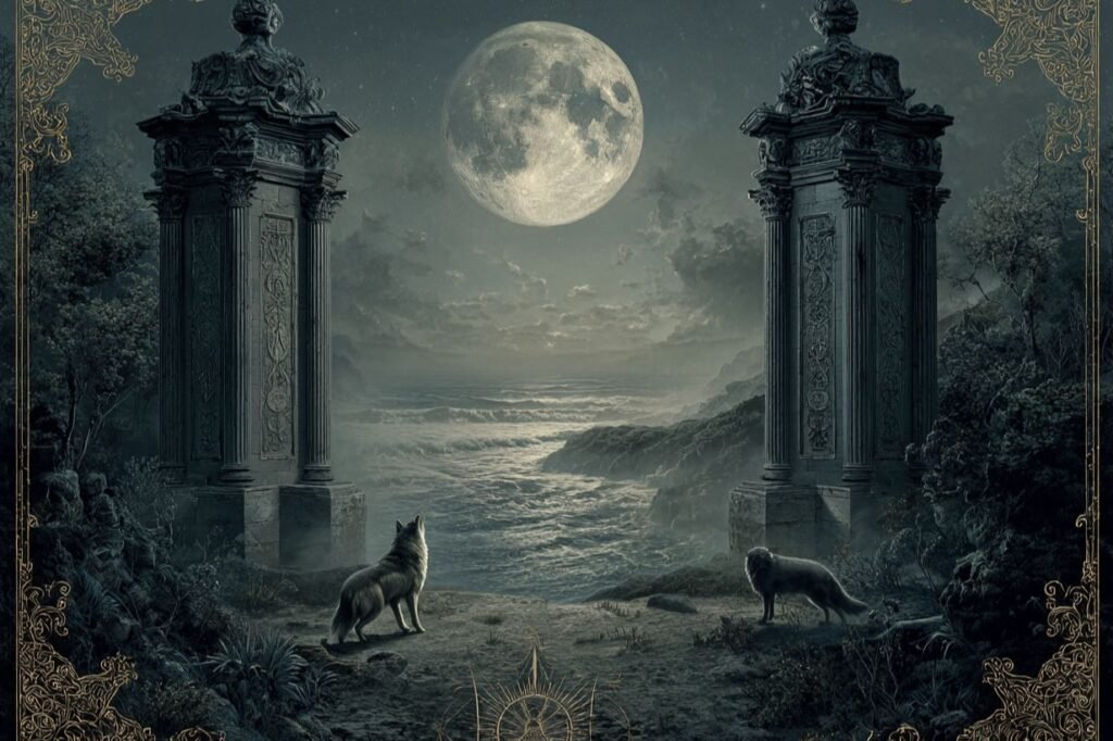 The Moon tarot card from the Rider-Waite deck showing a full moon over a winding path with a dog, wolf, and crayfish, symbolizing confusion, intuition, and unclear perception