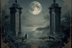 The Moon tarot card from the Rider-Waite deck showing a full moon over a winding path with a dog, wolf, and crayfish, symbolizing confusion, intuition, and unclear perception