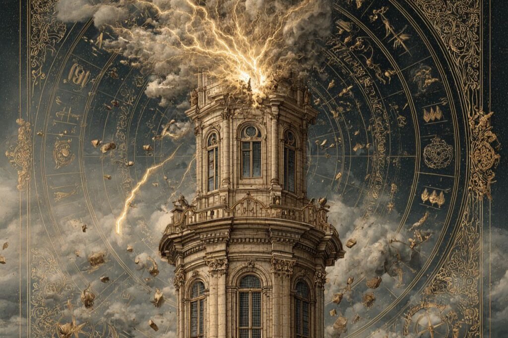The Tower tarot card from the Rider-Waite deck showing a tall tower struck by lightning with figures falling and a crown displaced, symbolizing sudden disruption and the collapse of false certainty