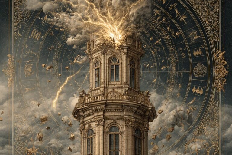 The Tower tarot card from the Rider-Waite deck showing a tall tower struck by lightning with figures falling and a crown displaced, symbolizing sudden disruption and the collapse of false certainty