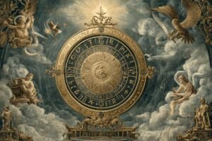 The Wheel of Fortune tarot card from the Rider-Waite deck — a large wheel with Hebrew letters and symbolic figures, a sphinx at the top, flanked by four winged creatures reading from books