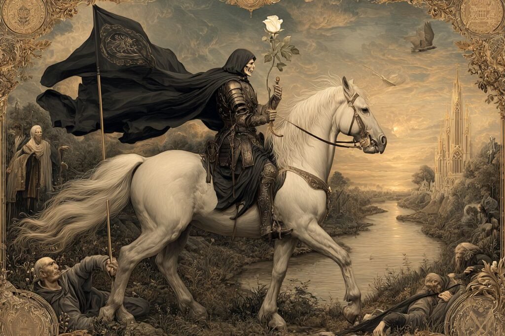 The Death tarot card from the Rider-Waite deck - a skeleton knight in black armor on a white horse carrying a black flag with a white rose, figures of all stations before him, sun rising between two towers in the background