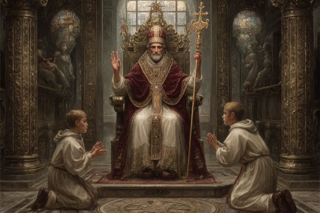 The Hierophant tarot card from the Rider-Waite deck — a robed figure on a throne with two kneeling figures, triple crown, raised hand in blessing, and two crossed keys