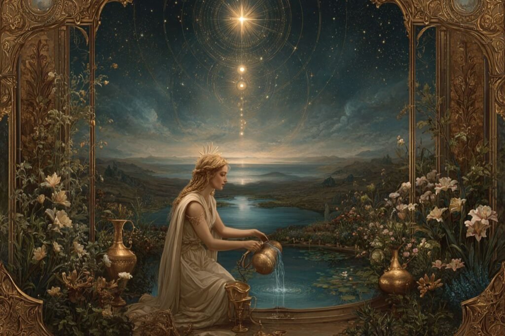 The Star tarot card from the Rider-Waite deck showing a kneeling figure pouring water under a starlit sky, symbolizing healing, vulnerability, and the return of hope after disruption