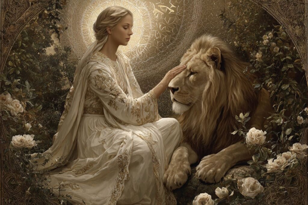The Strength tarot card from the Rider-Waite deck — a woman in white gently holding the mouth of a lion, with an infinity symbol above her head and mountains in the background