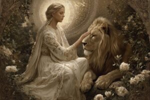 The Strength tarot card from the Rider-Waite deck — a woman in white gently holding the mouth of a lion, with an infinity symbol above her head and mountains in the background