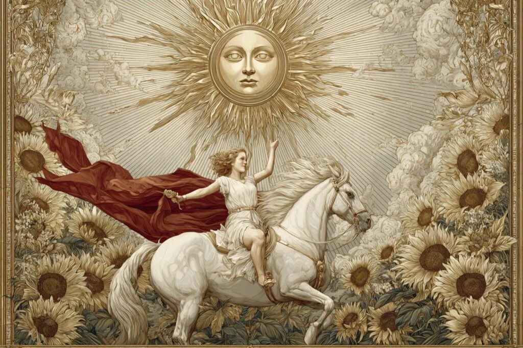 The Sun tarot card from the Rider-Waite deck showing a child on a white horse under a radiant sun with sunflowers, symbolizing clarity, vitality, and truth after confusion