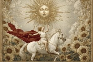The Sun tarot card from the Rider-Waite deck showing a child on a white horse under a radiant sun with sunflowers, symbolizing clarity, vitality, and truth after confusion