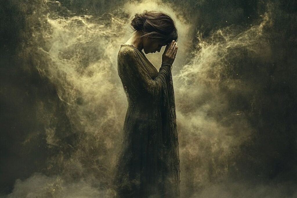 Woman standing between shadow and light symbolizing emotional attachment and painful love