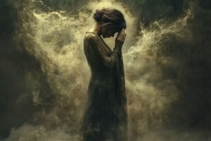 Woman standing between shadow and light symbolizing emotional attachment and painful love