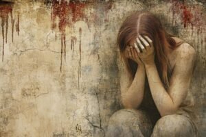 Kvinna sitter tyst med känslomässig tyngd och inre spänning, symbol för undertryckta känslor och osynligt inre tryck