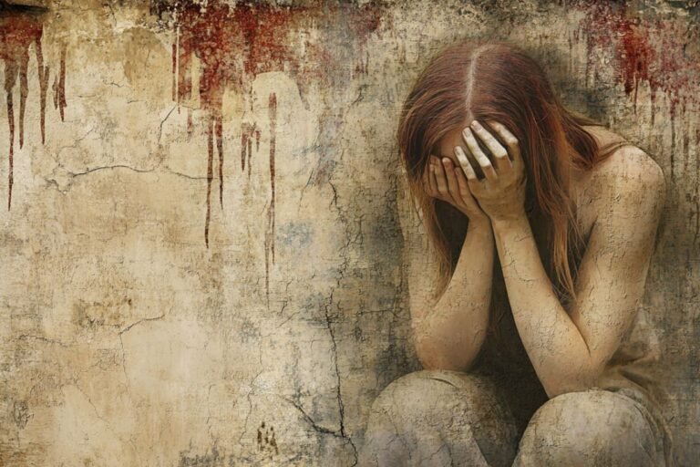 Kvinna sitter tyst med känslomässig tyngd och inre spänning, symbol för undertryckta känslor och osynligt inre tryck