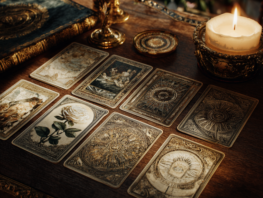 tarot cards reading mystical atmosphere candles and intuitive spiritual guidance