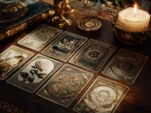 tarot cards reading mystical atmosphere candles and intuitive spiritual guidance