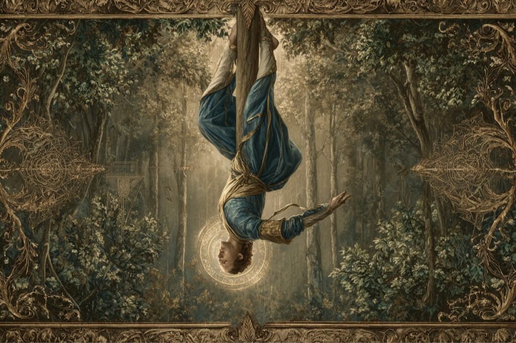 The Hanged Man tarot card from the Rider-Waite deck — a calm figure hanging upside down by one foot from a living tree, arms relaxed behind back, halo of light around the head