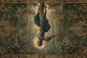 The Hanged Man tarot card from the Rider-Waite deck — a calm figure hanging upside down by one foot from a living tree, arms relaxed behind back, halo of light around the head