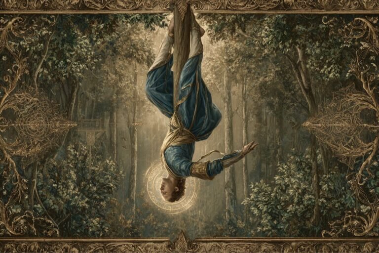 The Hanged Man tarot card from the Rider-Waite deck — a calm figure hanging upside down by one foot from a living tree, arms relaxed behind back, halo of light around the head