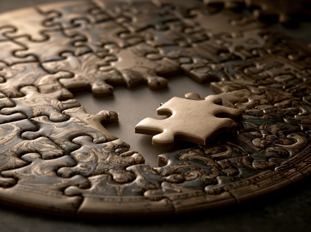 An almost-complete jigsaw puzzle on a calm neutral surface, one single piece missing in the center revealing soft empty space beneath