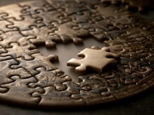 An almost-complete jigsaw puzzle, one single piece missing in the center